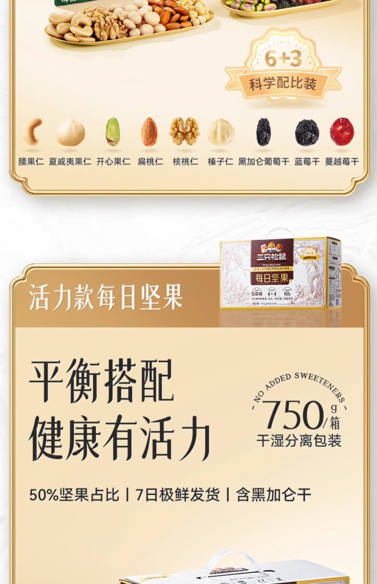 坚果礼盒礼物【三只松鼠_每日坚果750g/30包】，52.8元！企业员工福利礼品送礼！入天猫榜单，每日坚果热卖榜，第1名。 营养配比，全球优质坚果，颗颗饱，新鲜水果味，好美味！