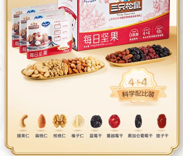 坚果礼盒礼物【三只松鼠_每日坚果750g/30包】，52.8元！企业员工福利礼品送礼！入天猫榜单，每日坚果热卖榜，第1名。 营养配比，全球优质坚果，颗颗饱，新鲜水果味，好美味！