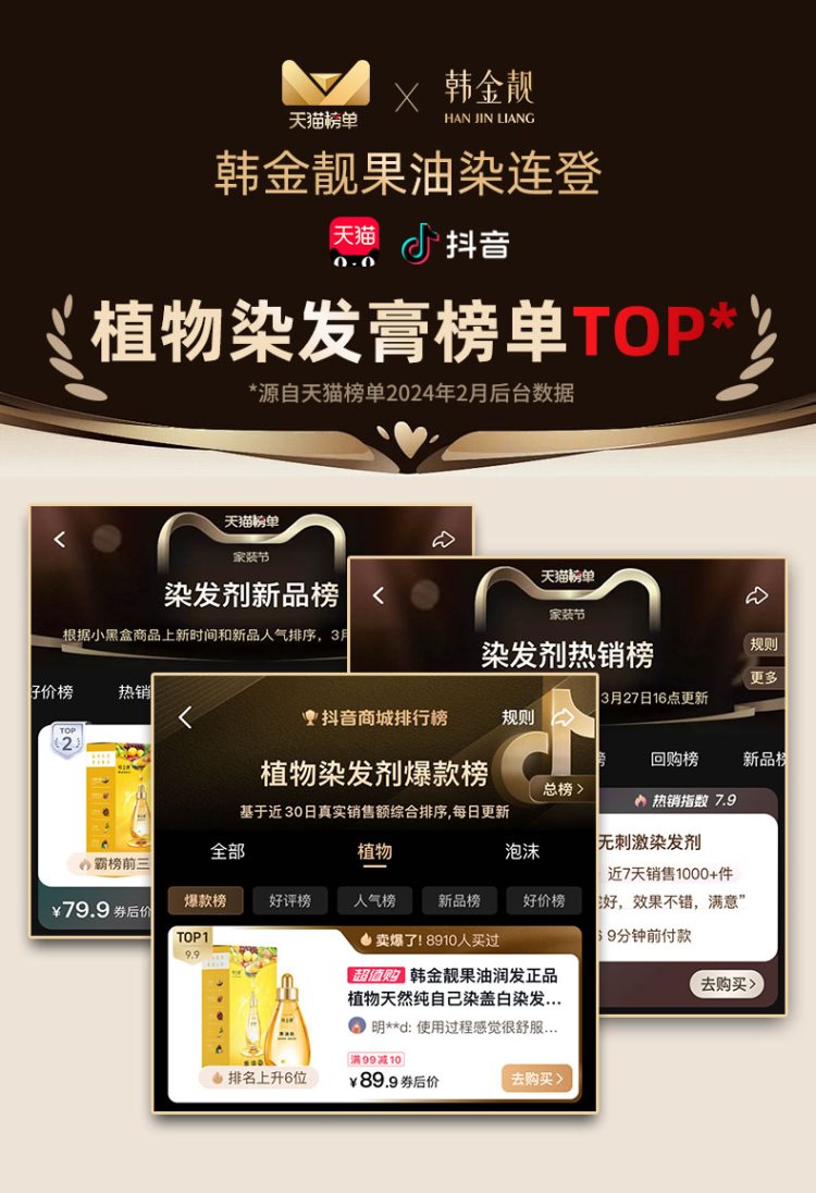 时尚礼物 韩金靓果油染泡泡染发剂植物纯自己在家染发膏黑茶遮白